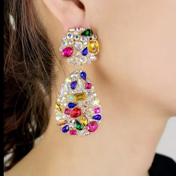 Colorful Iridescent Crystal Stud Drop Earrings - Picture 2 of 7